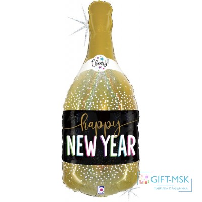 Фольгированная фигура Бутылка Шампанское, С Новым Годом! (золото, голография)